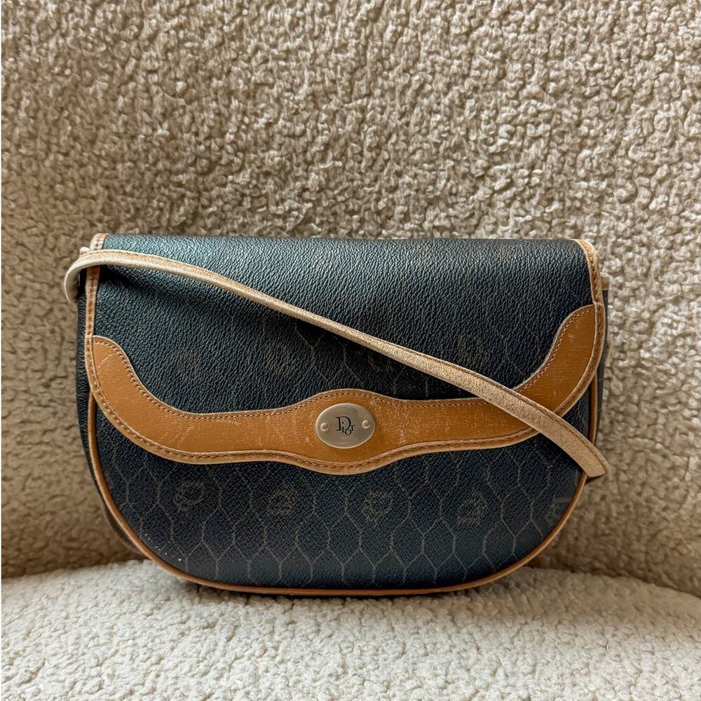 Vintage DIOR Monogram Honeycomb Black & Tan Leather Bag